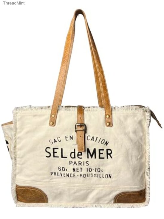 Handbags - Upcycled Canvas Leather Handle Tote Bag for Women - Eco-Friendly Hobo Shoulder